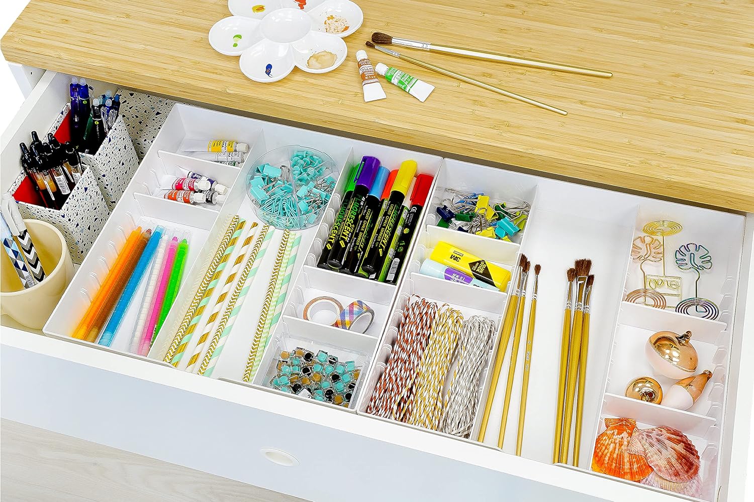 CAXXA 3 Slot Drawer Organizer with 4 Adjustable Dividers - Junk Drawer Storage for Makeup & Vanity, Office Desk Supplies and Accessories (WHITE, 1 PACK) - Image 5